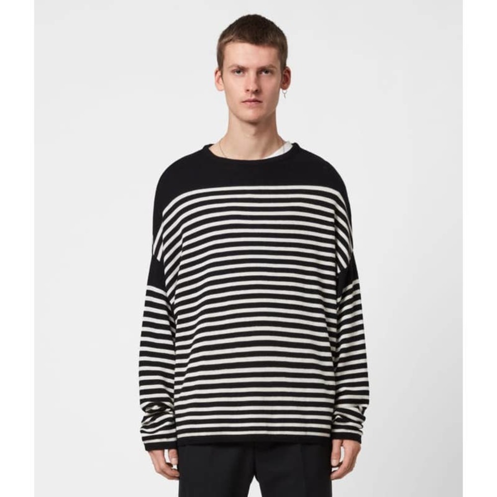 All Saints Black and White Striped Crewneck Sweater